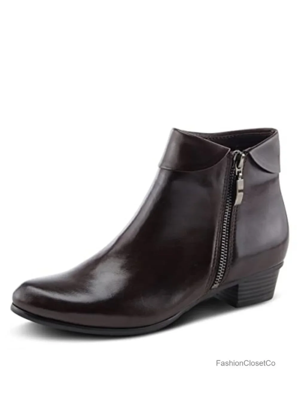 Polished Leather Pull-On Bootie with Metal Zipper, Block Heel
